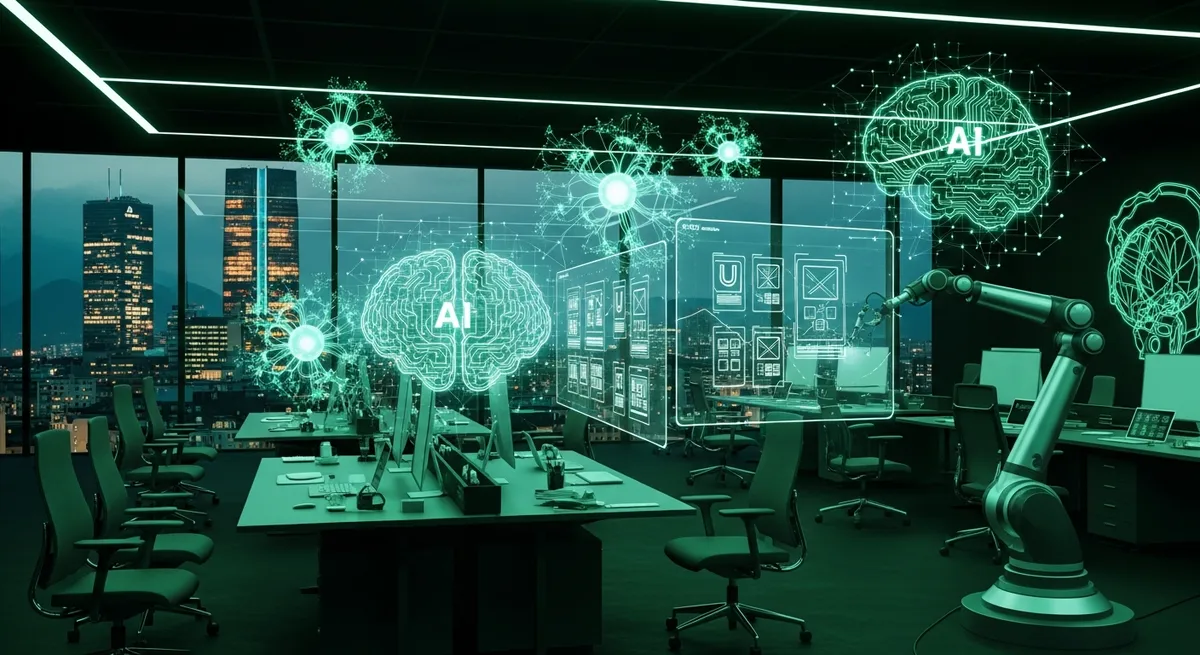 AI Agentur Zürich — KI-gestützte Webentwicklung und Automatisierung mit neuronalen Netzwerk-Visualisierungen im modernen Büro
